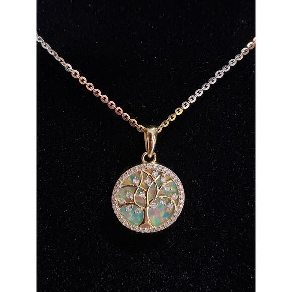 None and/or Unknown Jewelry - Moissanite Opal Tree of Life Necklace- 14k Vermeil over 925